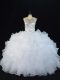 Simple Floor Length Lace Up Ball Gown Prom Dress White for Sweet 16 and Quinceanera with Beading and Ruffles