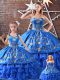 Satin and Organza Sweetheart Sleeveless Lace Up Embroidery 15 Quinceanera Dress in Blue