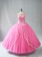 Rose Pink Lace Up Scoop Beading and Appliques Sweet 16 Dresses Tulle Sleeveless