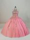 Tulle Halter Top Sleeveless Brush Train Lace Up Appliques and Embroidery Quinceanera Dresses in Pink