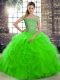 Beauteous Off The Shoulder Sleeveless Sweet 16 Dresses Brush Train Beading and Ruffles Green Tulle