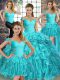 Customized Aqua Blue Organza Lace Up Off The Shoulder Sleeveless Quince Ball Gowns Brush Train Beading and Ruffles