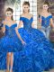 Royal Blue Lace Up Off The Shoulder Beading and Ruffles Sweet 16 Dresses Organza Sleeveless