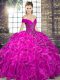 High Quality Fuchsia Off The Shoulder Neckline Beading and Ruffles Quinceanera Gown Sleeveless Lace Up