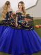 Sleeveless Tulle Floor Length Lace Up Quinceanera Dresses in Royal Blue with Embroidery