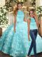 Stunning Aqua Blue Organza Backless Vestidos de Quinceanera Sleeveless Floor Length Beading and Ruffled Layers