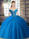 Blue Off The Shoulder Neckline Beading and Pick Ups Quinceanera Gowns Sleeveless Lace Up