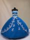 Pretty Blue Tulle Lace Up Strapless Sleeveless Floor Length Sweet 16 Quinceanera Dress Appliques