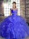 Spectacular Organza Off The Shoulder Sleeveless Lace Up Beading and Ruffles Quinceanera Dress in Blue