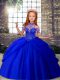 Low Price Royal Blue Tulle Lace Up Halter Top Sleeveless Floor Length Evening Gowns Beading