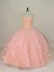 Popular Floor Length Pink 15 Quinceanera Dress Tulle Sleeveless Hand Made Flower