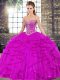 Custom Fit Tulle Sweetheart Sleeveless Lace Up Beading and Ruffles 15 Quinceanera Dress in Fuchsia