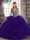 Admirable Straps Sleeveless Quinceanera Gown Floor Length Beading and Ruffles Purple Tulle