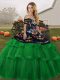 Latest Green Quince Ball Gowns Tulle Brush Train Sleeveless Embroidery and Ruffled Layers