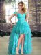 Sleeveless Organza High Low Lace Up Prom Party Dress in Aqua Blue with Beading and Ruffles