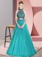 Teal Two Pieces Tulle Halter Top Sleeveless Beading Floor Length Backless Prom Dresses