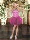 Deluxe Sleeveless Tulle Mini Length Lace Up Prom Evening Gown in Fuchsia with Beading and Ruffles