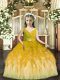 Olive Green Ball Gowns V-neck Sleeveless Tulle Floor Length Backless Beading and Ruffles Girls Pageant Dresses