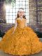 Latest Straps Sleeveless Child Pageant Dress Asymmetrical Beading Gold Fabric With Rolling Flowers