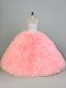 Halter Top Sleeveless Quince Ball Gowns Beading and Ruffles Peach Organza