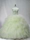 Exquisite Yellow Green Tulle Lace Up 15 Quinceanera Dress Sleeveless Brush Train Beading