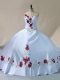 White Ball Gowns Satin One Shoulder Sleeveless Embroidery Floor Length Lace Up Quinceanera Dresses