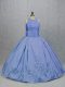 Custom Design Blue Ball Gowns Satin Scoop Sleeveless Embroidery Floor Length Zipper Vestidos de Quinceanera