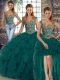 Peacock Green Straps Lace Up Beading and Ruffles Quinceanera Gown Sleeveless