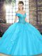 Low Price Aqua Blue Sleeveless Tulle Lace Up Quince Ball Gowns for Military Ball and Sweet 16 and Quinceanera