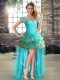 Aqua Blue Lace Up Dress for Prom Beading and Ruffled Layers Sleeveless High Low