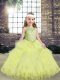 Super Sleeveless Floor Length Lace and Appliques Lace Up Pageant Dress for Teens with Yellow Green