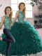 Peacock Green Ball Gown Prom Dress Military Ball and Sweet 16 and Quinceanera with Beading and Ruffles Scoop Sleeveless Lace Up