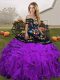 Black And Purple Sleeveless Floor Length Embroidery and Ruffles Lace Up Quinceanera Gowns