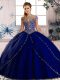 Fantastic Cap Sleeves Beading Lace Up 15th Birthday Dress with Royal Blue Brush Train