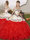 Best Selling Floor Length Lace Up Quinceanera Dress White And Red for Military Ball and Sweet 16 and Quinceanera with Embroidery and Ruffles