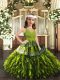 Olive Green Ball Gowns Organza V-neck Sleeveless Appliques and Ruffles Floor Length Zipper Pageant Gowns