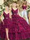 V-neck Sleeveless Sweet 16 Quinceanera Dress Floor Length Ruffled Layers Burgundy Organza