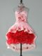 Lovely Satin and Organza Halter Top Sleeveless Lace Up Embroidery and Ruffles Prom Dresses in Red and Pink