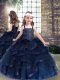 Custom Fit Sleeveless Floor Length Beading and Ruffles Lace Up Pageant Dress Toddler with Navy Blue