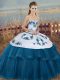 Sleeveless Floor Length Embroidery and Bowknot Lace Up Quinceanera Gowns with Blue And White