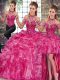 Extravagant Fuchsia Halter Top Neckline Beading and Ruffles Quince Ball Gowns Sleeveless Lace Up