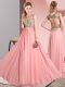 Pink Chiffon Backless Quinceanera Court Dresses Sleeveless Floor Length Beading and Appliques