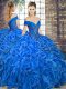 Off The Shoulder Sleeveless 15 Quinceanera Dress Floor Length Beading and Ruffles Royal Blue Organza