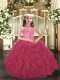 Nice Hot Pink Ball Gowns Organza Halter Top Sleeveless Appliques and Ruffles Floor Length Lace Up Little Girls Pageant Dress Wholesale