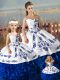 Noble Sweetheart Sleeveless Quinceanera Dresses Floor Length Embroidery and Ruffles Blue And White Organza
