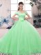 Short Sleeves Floor Length Lace and Hand Made Flower Lace Up Ball Gown Prom Dress with Apple Green