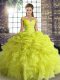Yellow Green Ball Gowns Organza Off The Shoulder Sleeveless Beading and Ruffles and Pick Ups Floor Length Lace Up Sweet 16 Dresses