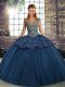 Admirable Straps Sleeveless Quinceanera Dress Floor Length Beading and Appliques Navy Blue Tulle