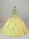 Sleeveless Tulle Brush Train Lace Up Vestidos de Quinceanera in Yellow with Appliques and Embroidery