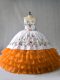 Inexpensive Orange Sleeveless Floor Length Embroidery and Ruffled Layers Lace Up Quinceanera Dress